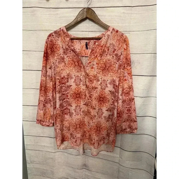 NYDJ Tops - NYDJ Women's XL Orange Floral V-Neck 3/4 Sleeve Blouse Casual Spring